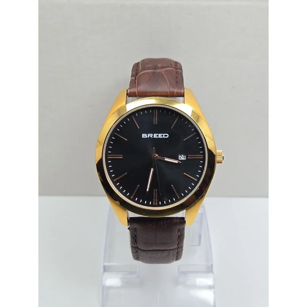 Breed Louis Mens 42mm Date Watch Gold Tone Brown Leather Quartz New Battery